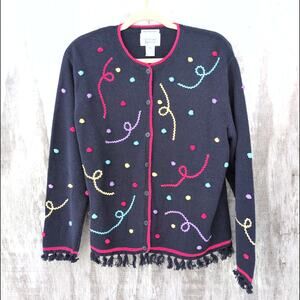 Vtg Christopher & Bank HandEmbroidered WhimsicalKnit ButtonUp Cardigan Women's L